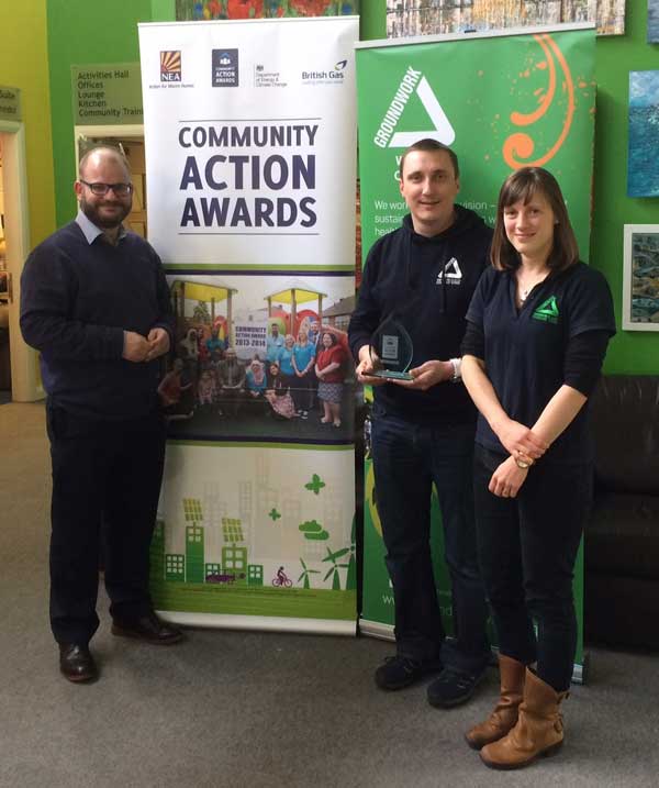 Tomos Davies from NEA Cymru (left) with Clare Sutton and Craig Harding, from Groundwork Wales’ Green Doctors project