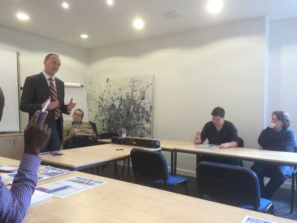 UKIP's Assembly candidate for Caerphilly, Sam Gould, addressing business owners at Welsh ICE
