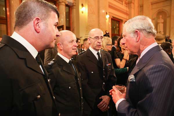 CREW: (L-R) South Wales Fire and Rescue Headquarters Watch Manager Simon Harris, Caerphilly Watch Manager Phil Logan, and Caerphilly Station Commander Steve Logan met Prince Charles in Belgrade