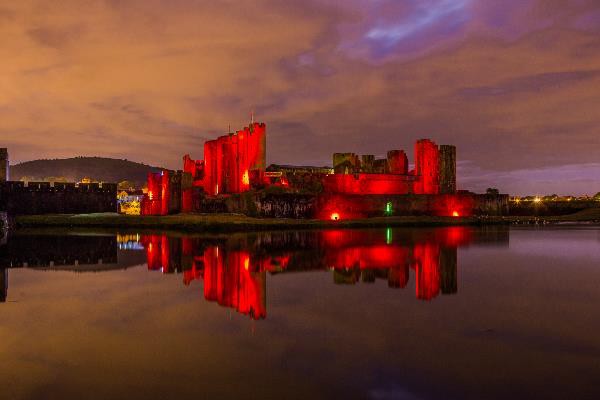 Caerphilly Castle was lit up in red ahead of Wales' game against England