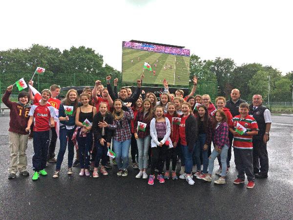 Pupils from Ysgol Gyfun Cwm Rhymni cheered Wales on against England