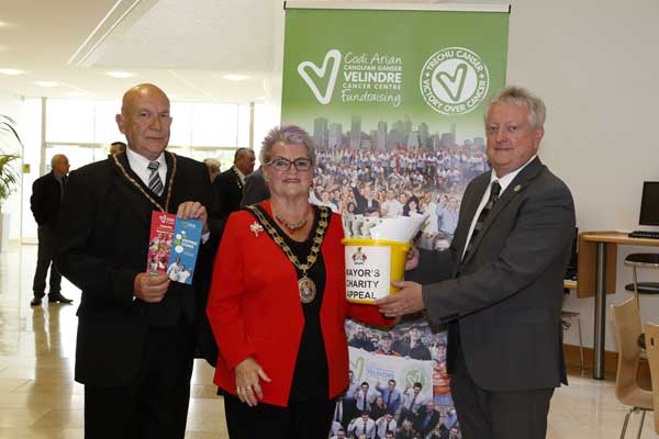 APPEAL: Mayor Cllr Dianne Price (centre) consort Ernie Carroll (left), and Andrew Morris Head of Fundraising for Velindre