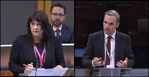 Rhianon Passmore, left, and Steffan Lewis at the Senedd