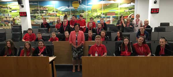 POLITICAL: Rhymney Comprehensive students with Dawn Bowden AM