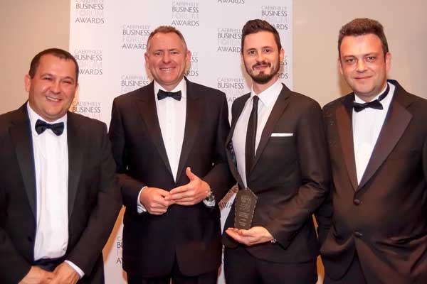 Andy Beer of Excellence IT, host Jamie Owen with Lewis Williams, Studio Manager at Bomper Studio winners of the Innovation Award, and Anthony Giles, Managing Director of Blackwood Embedded Solutions