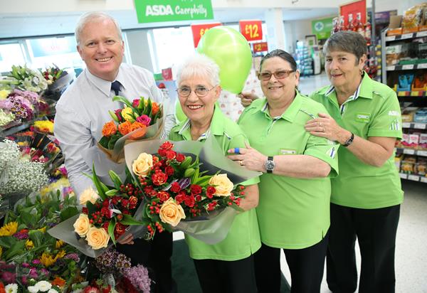 Caerphilly Asda Manager David Copner with Elizabeth Samuel, Carole James and Eileen Williams