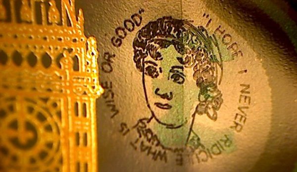 JANE: The tiny engraved portrait of Jane Austen, which could make the £5 note worth over £20,000. Photo by Ferguson Media