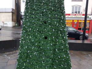 The vandalised Christmas Tree in Bargoed