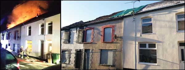 NIGHTMARE: The fire on Derlwyn Street, Phillipstown, which damaged Mr Evans’ family home (right)
