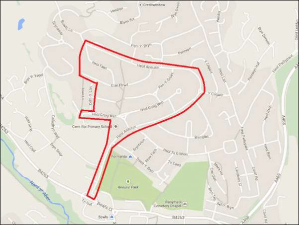 Dispersal order area for Penyrheol map between February 17 and 19