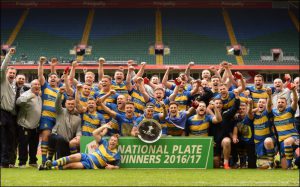 REDEMPTION: Penallta captain Ross Morgan lifts the National Plate at Finals Day 2017. Photo courtesy of the Welsh Rugby Union