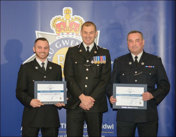 Chief Constable Jeff Farrar (centre) with PC Nicholas Hadjipetrou (left) and PC David Nancarrow