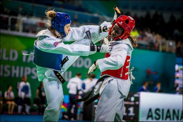 HARSH LESSONS: Lauren Williams, left, beat Marie Federique Ekpitini en route to the quarter-finals. Photo by GB Taekwondo