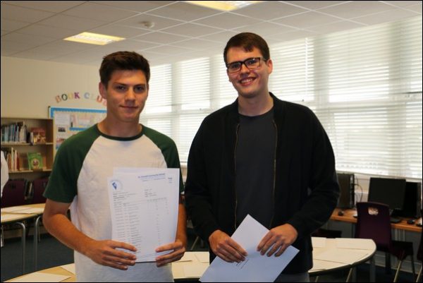 St Cenydd students Ben Lintern and Evan Griffiths celebrate their A Level results