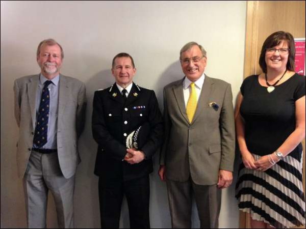 Gwent PCC Jeff Cuthbert, left, with Chief Constable of Gwent Police Julian Williams, Police and Crime Panel Chair Cllr John Guy, and Vice Chair Gillian Howells