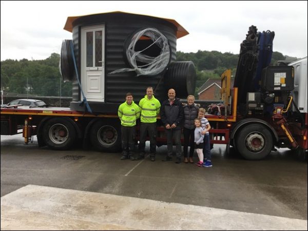 DELIVERED: The Sensory den was recently delivered to Machen Primary School. Pictured with staff from Kyles Transport are headteacher Andrew Lloyd and fundraiser Claire Kulisa with her children