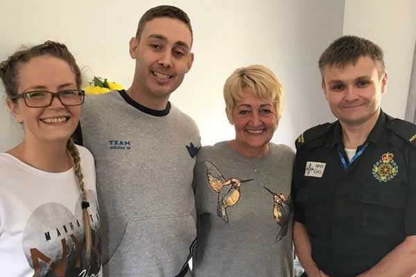 Left to right are Ceri-Ann Cleverly, Rhys Parker, Rhys’ mum Susan and paramedic Mark Sutherland