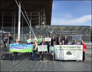 Campaigners against developments in Grove Park and Gwenr y Domen at the Senedd in Cardiff Bay