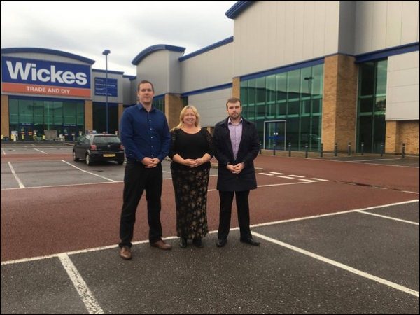 Morgan Jones councillors James Pritchard and Shayne Cook with Caerphilly town councillor Shelly Hodder (centre) at Gallagher Retail Park in Caerphilly Town