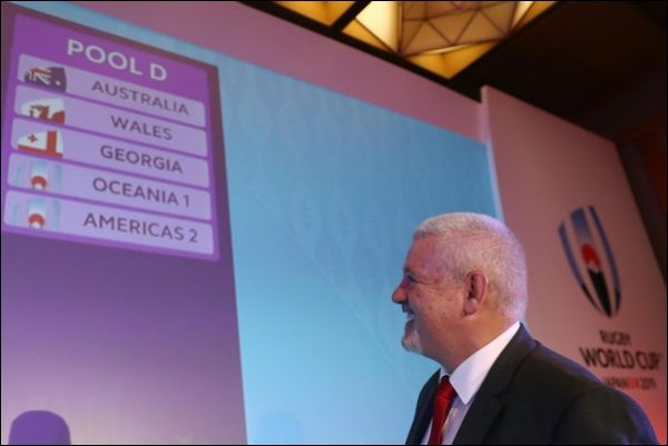 Wales head coach Warren Gatland surveys his side's opposition at the 2019 Rugby World Cup pool draw