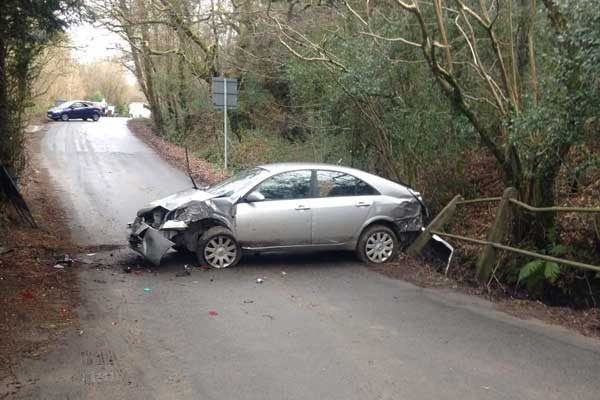 The crashed getaway car in Rudry lanes