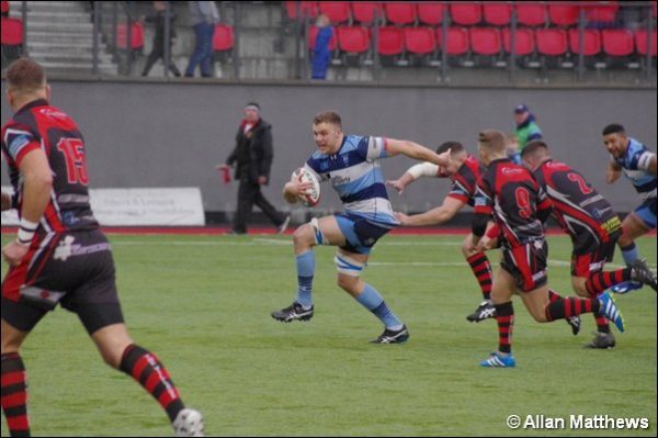 TRY: Bargoed RFC’s Louis Blacker heading for the line