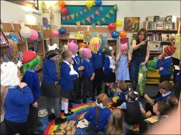 The author with children from Deri Primary School