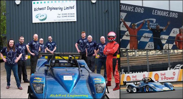 ON THE STARTING GRID: Graham Cole and his support at Richwest Engineering, and top right, on the podium at the famous Le Man track and, below, out on track
