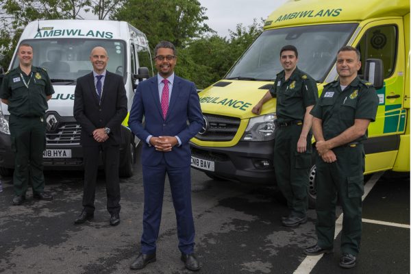 Health Secretary Vaughan Gething at Bridgend Ambulance Station with Richard Lee, the Welsh Ambulance Service’s Director of Operations and paramedics. Pictured with some of the new replacement vehicles