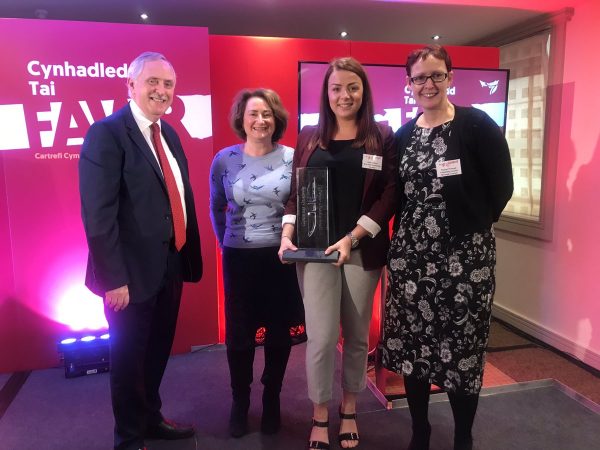From left to right: John Chown (husband of Pat Chown), Kay Helyar (Charter Housing), Abbie Clifford (Bron Afon Community Housing) Rachel Thornett (Caerphilly County Borough Council)