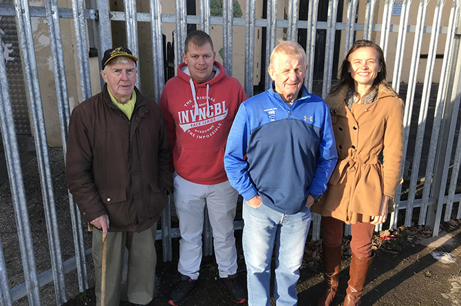 From left: Nat Thomas, Gerwyn James, Ron Stoat and Marina Chacon-Dawson standing outside Cefn Fforest Miners' Institute