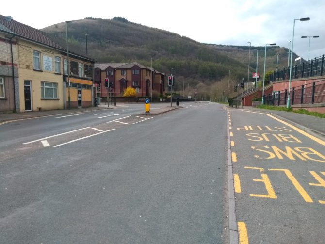 DESERTED: The road through Crosskeys is usually very busy - but not at the moment