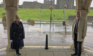Delyth Jewell MS, left, with Plaid Cymru leader Adam Price at the bandstand in Caerphilly town centre