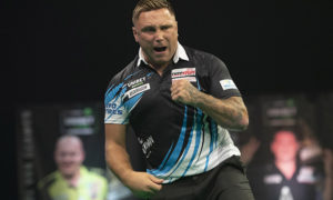 Gerwyn Price during his Premier League Darts clash with Gary Anderson