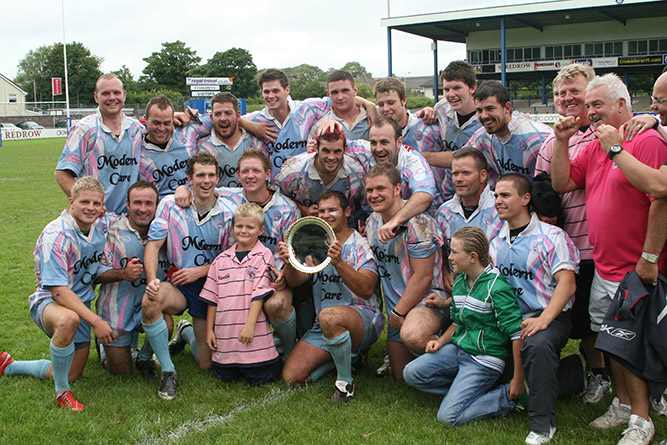 Greg Ashcroft, third from right, celebrating the 2008 Welsh Grand Final win  with his Valley Cougars side