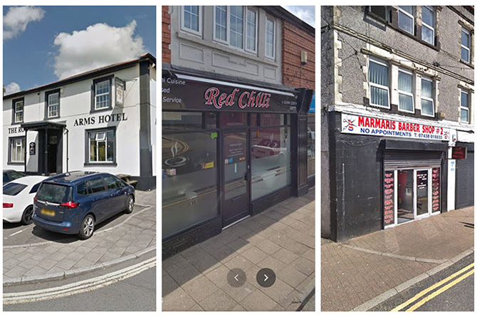 The Royal Arms Hotel in Rhymney, New Red Chilli in Blackwood and Marmaris Barber Shop #2 in Ystrad Mynach