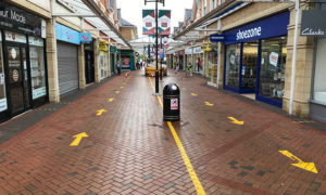 Social distancing markers at Castle Court Shopping Centre in Caerphilly town