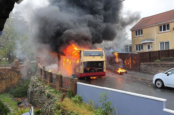 The Harris Coaches' bus on Penrhiw Terrace, Abercarn