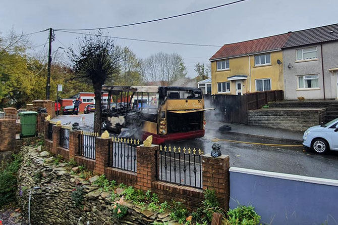 The Harris Coaches' bus on Penrhiw Terrace, Abercarn