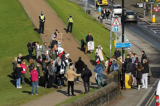 Protesters outside Caerphilly Castle