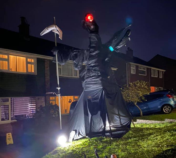 A 16ft tall scarecrow made from scaffolding in Hendredenny, Caerphilly
