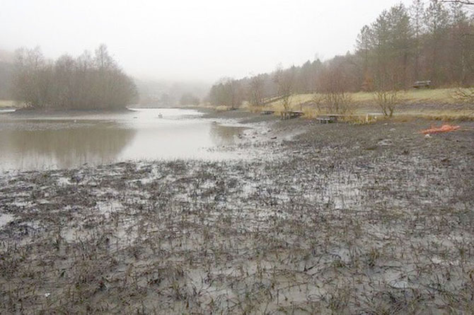 The drained lake at Parc Cwm Darran, in Deri, near Bargoed