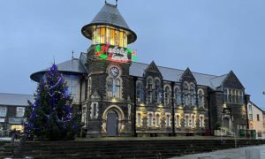 A Christmas tree and decorations at the Twyn Community Centre, Caerphilly town centre