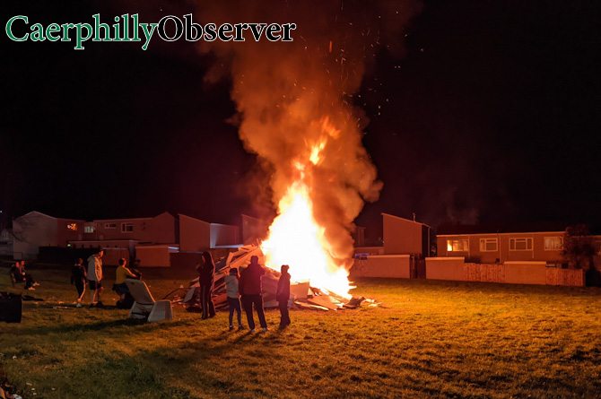 Crowds also gathered to watch the community bonfires on Lansbury Park, Caerphilly