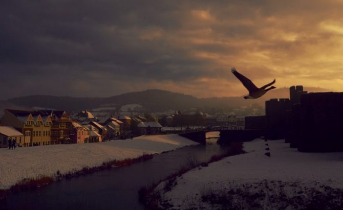 Caerphilly Castle in the snow