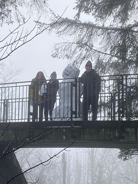 A snowman on the bridge near Lewis School Pengam