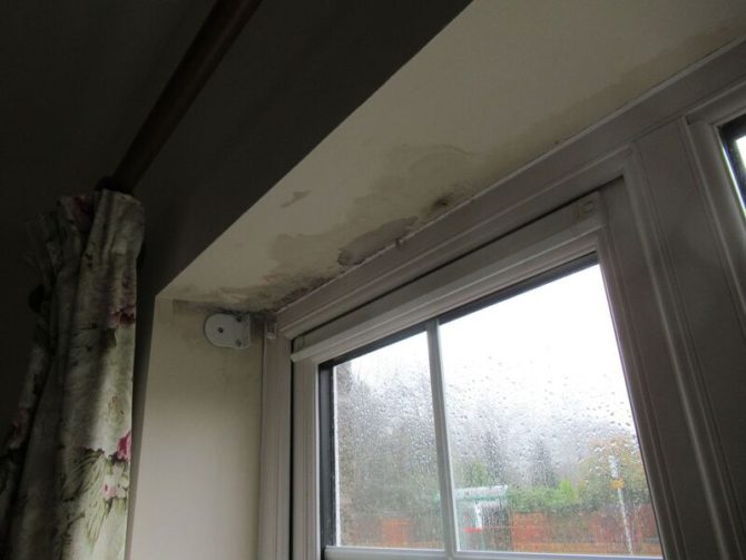 Water damage around one of the windows at the front of the house