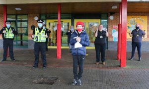 From left: PCSO Aidan Gillette; PCSO Thomas Bingham-Vick; Deputy NPAA for Gwent Sara Louise Evans; pupil Ross Sparey and teachers Sian Harris, Michelle Fritton and Gary Powell