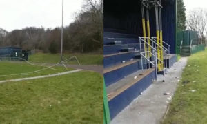 Damaged railings around the rugby field at Bargoed Park, left, and smashed glass strewn across the stand