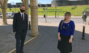 Plaid Cymru leader Adam Price with candidate Delyth Jewell in Caerphilly town centre